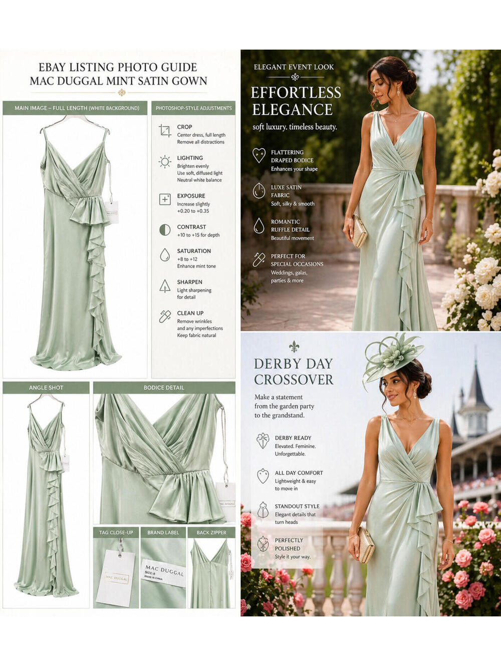Mac Duggal Satin Mint Green Gown Size 8 NWT Draped V Neck Ruffle Formal Evening